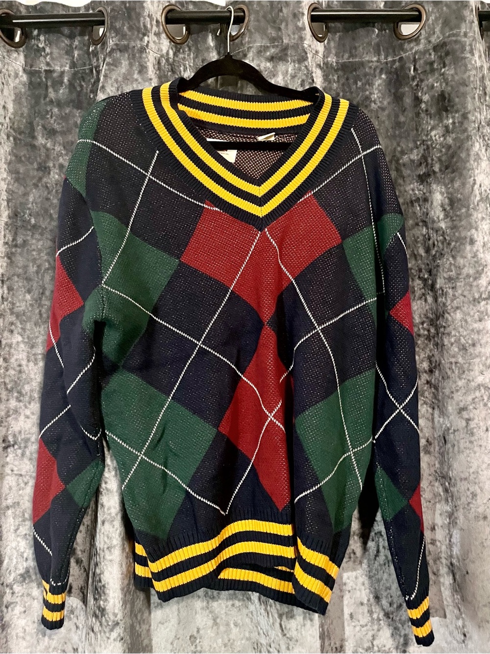 Levi's V-Neck Argyle Sweater in Navy, Green & Red with Yellow Trim
